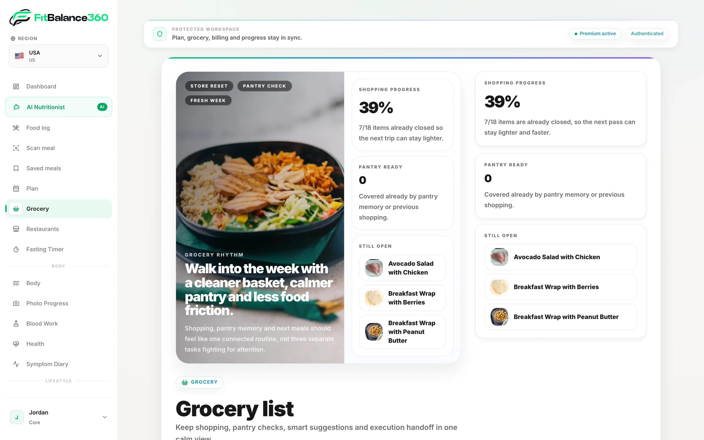FitBalance360 — grocery list built from the meal plan