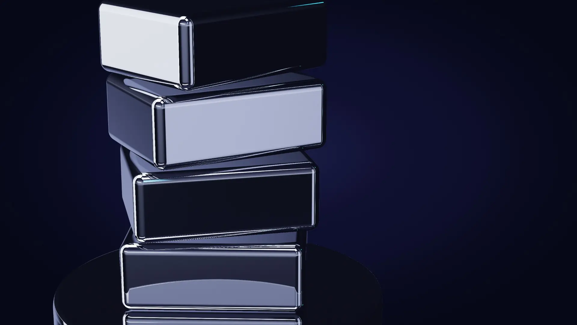 Chrome parcels stacked in a mercury dish — a close-up