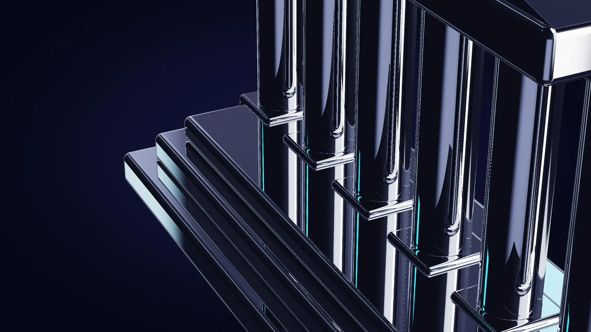 A chrome colonnade on a stepped plinth — a detail