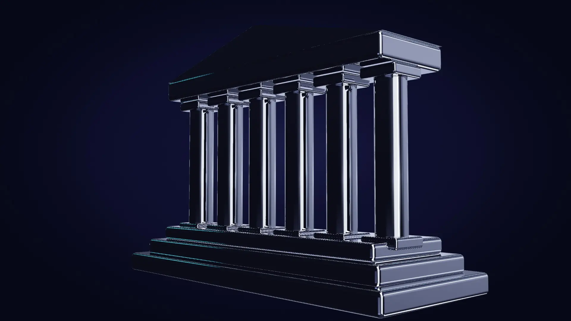 A chrome colonnade on a stepped plinth — from a low angle