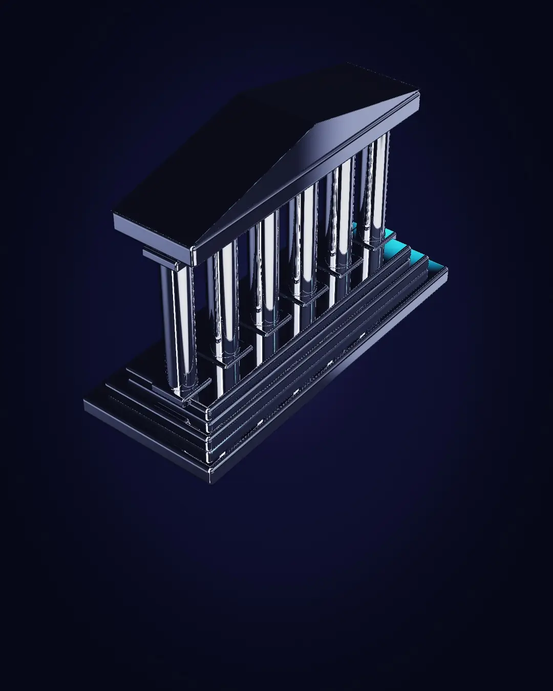 A chrome colonnade on a stepped plinth — seen from above