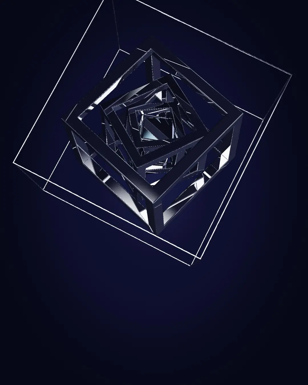 Nested chrome frames growing from a core — seen from above