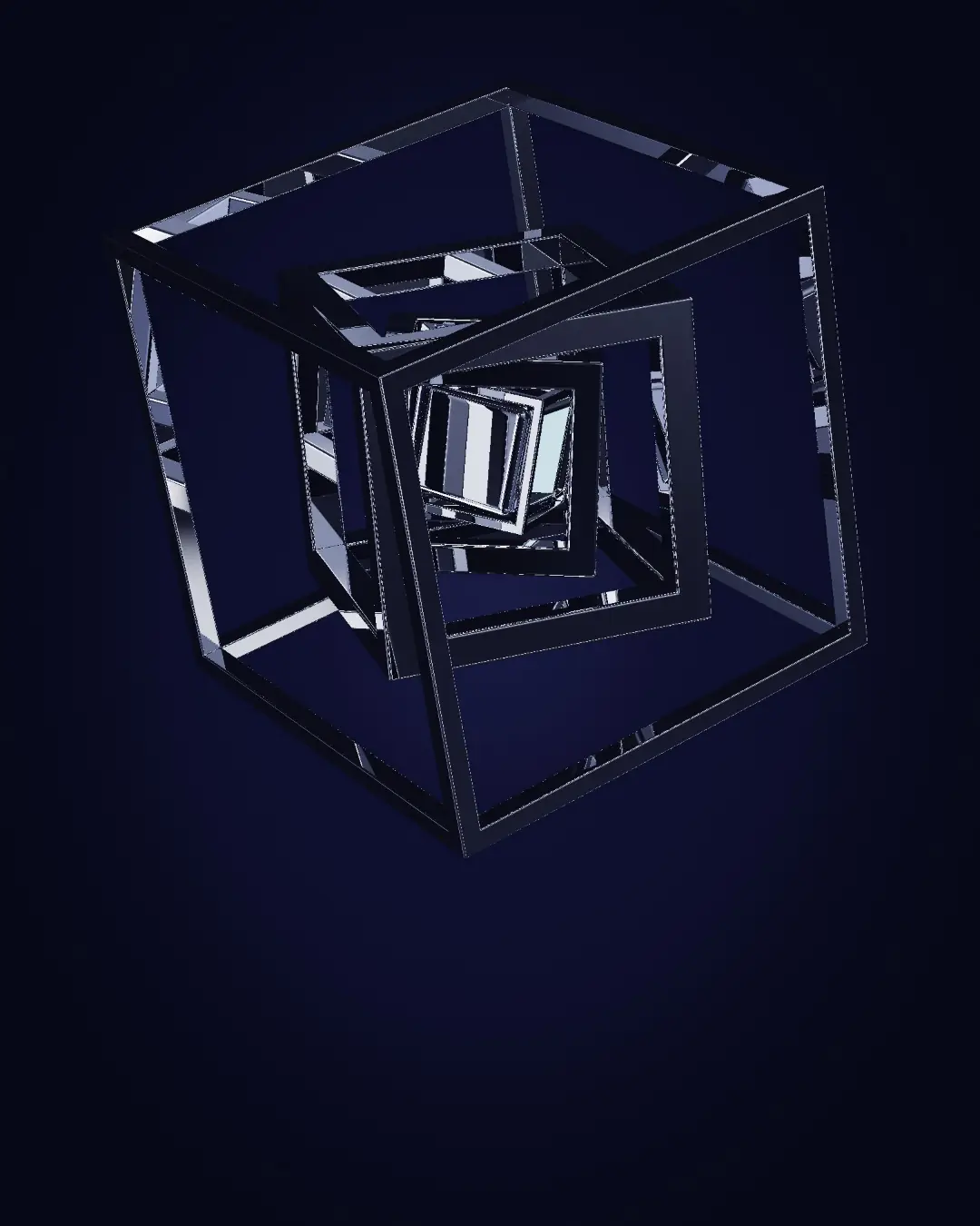 Nested chrome frames growing from a core — a wide view