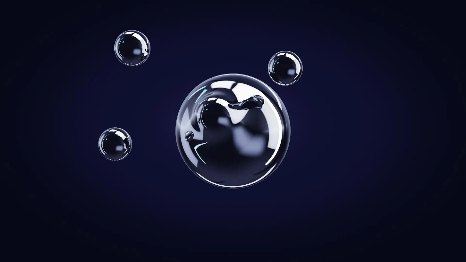 Liquid-chrome droplets merging into one core — from behind, edge-lit