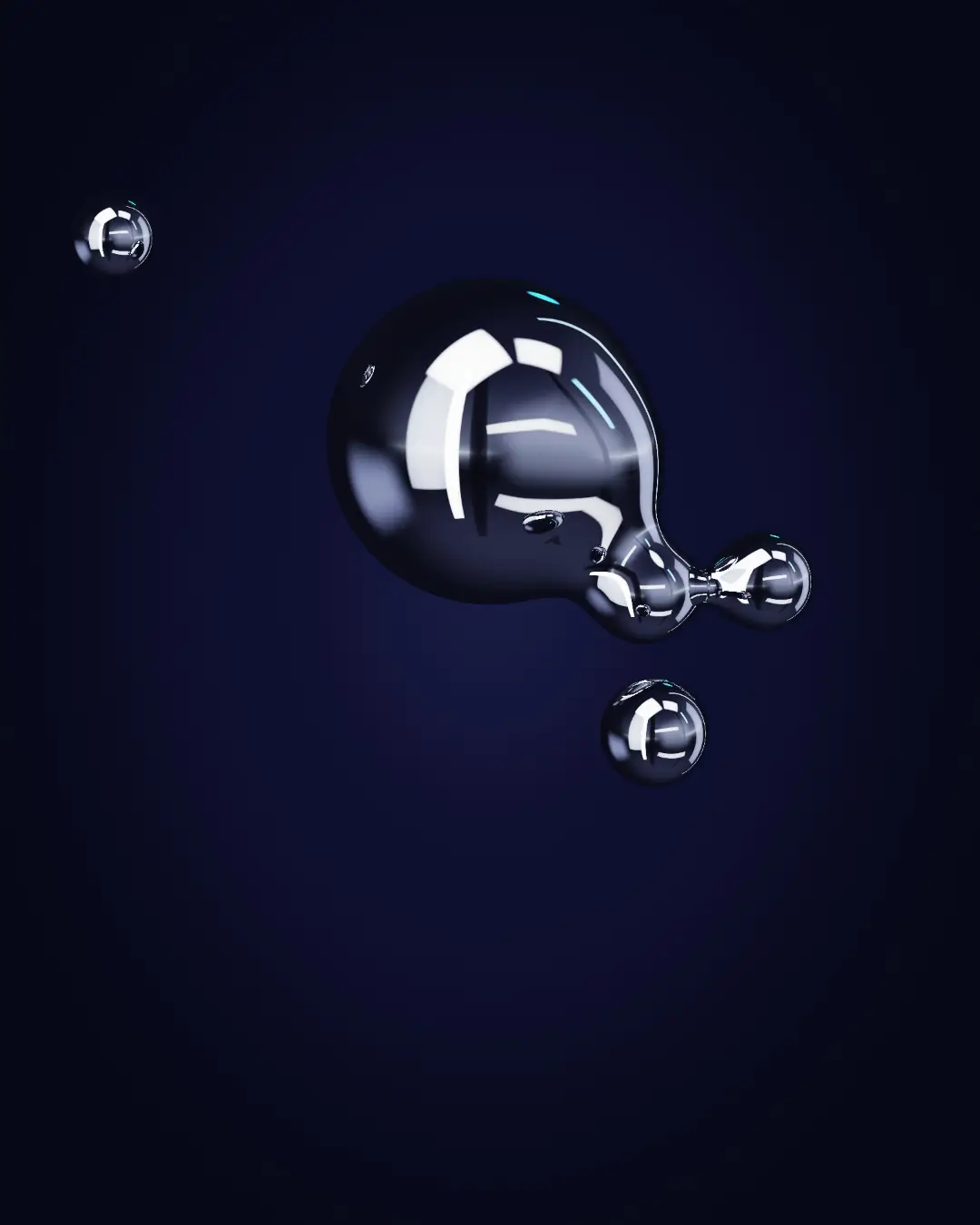 Liquid-chrome droplets merging into one core — a wide view