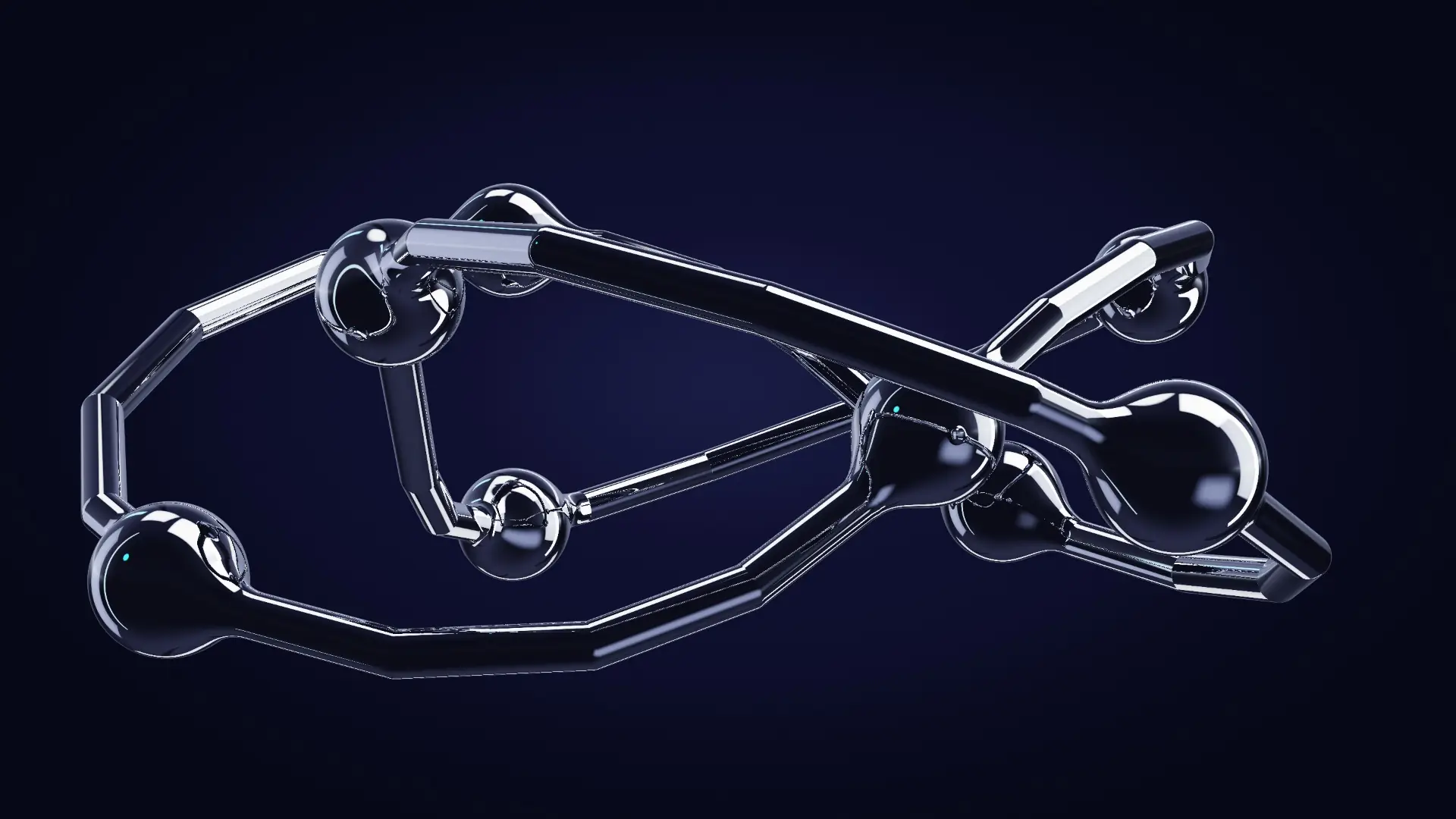Chrome beads travelling a closed rail — from behind, edge-lit