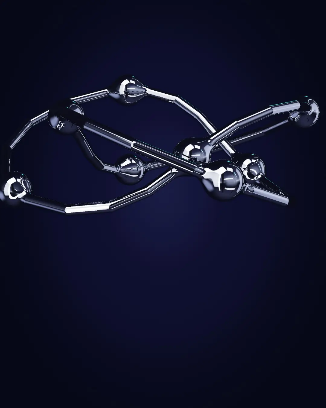 Chrome beads travelling a closed rail — a wide view