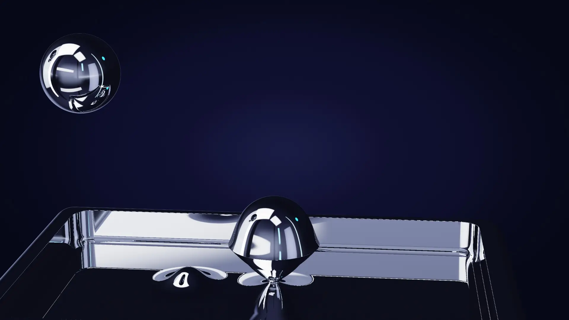 Chrome beads arriving in a tray of liquid metal — a close-up