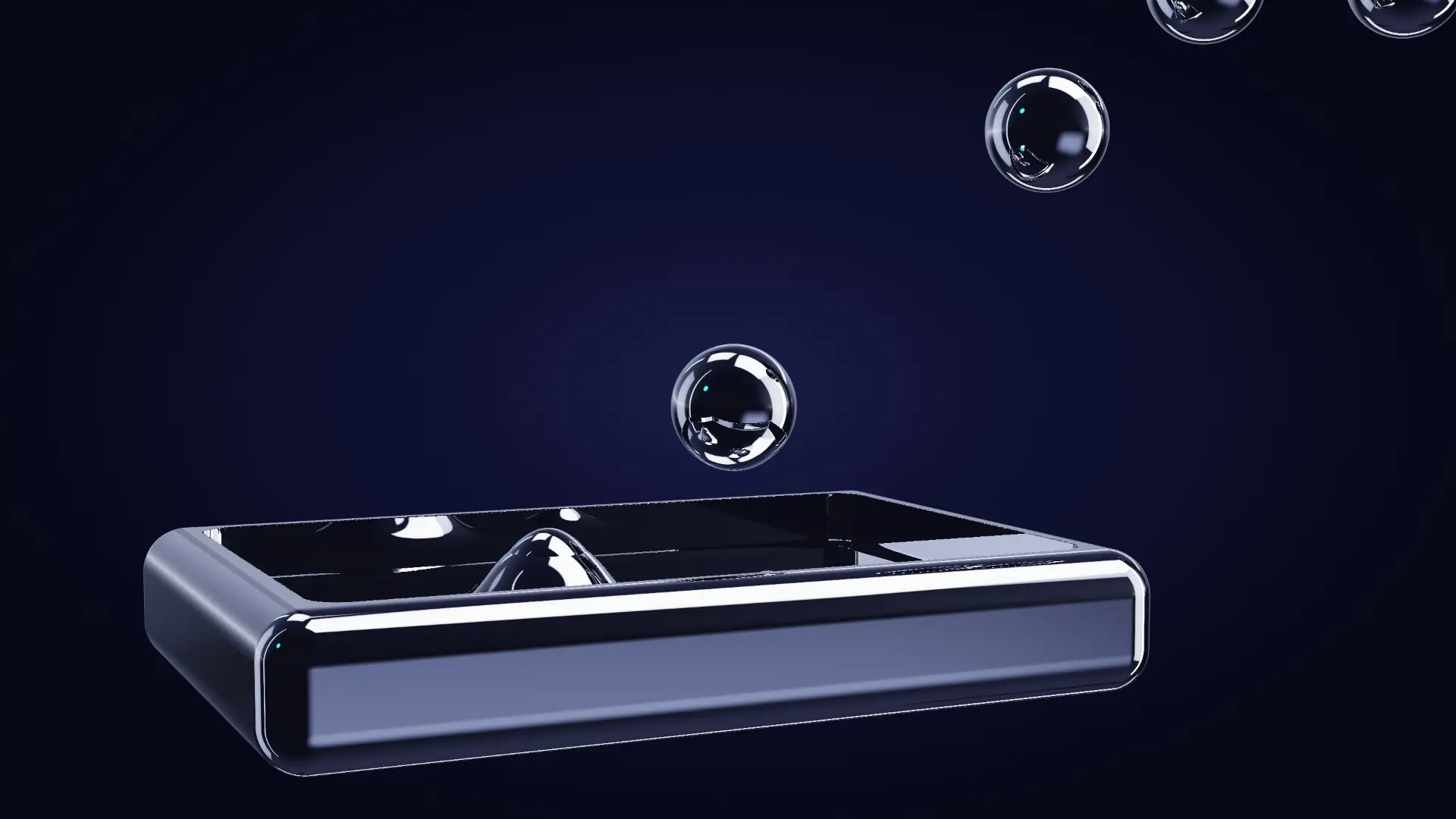 Chrome beads arriving in a tray of liquid metal — from behind, edge-lit
