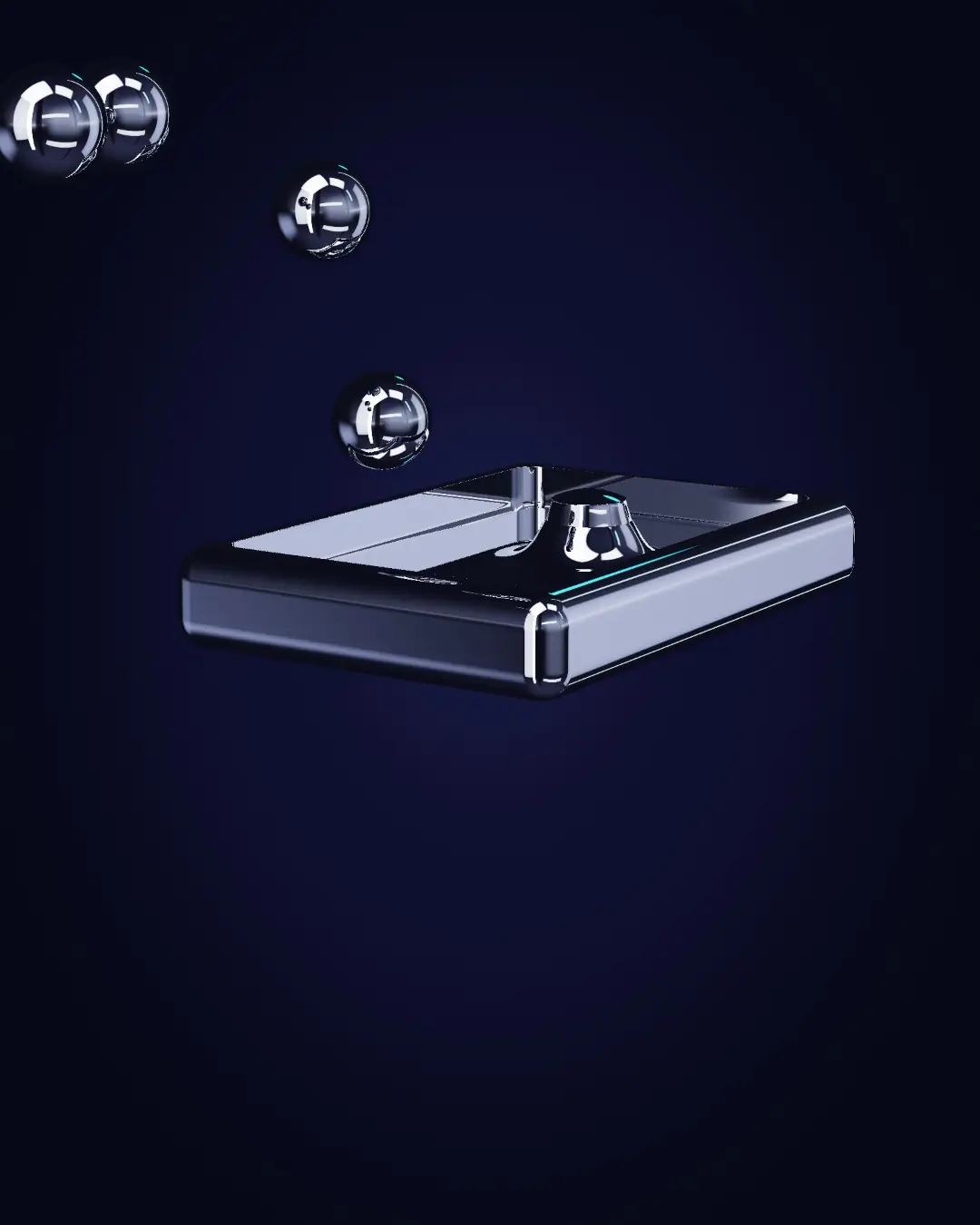 Chrome beads arriving in a tray of liquid metal — a wide view