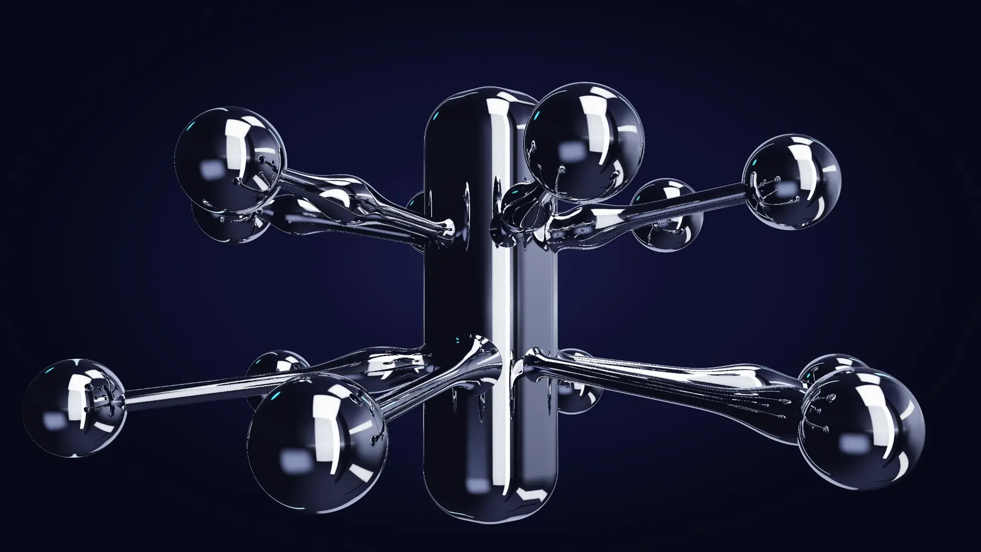 Chrome nodes linked to a central pillar — from a low angle