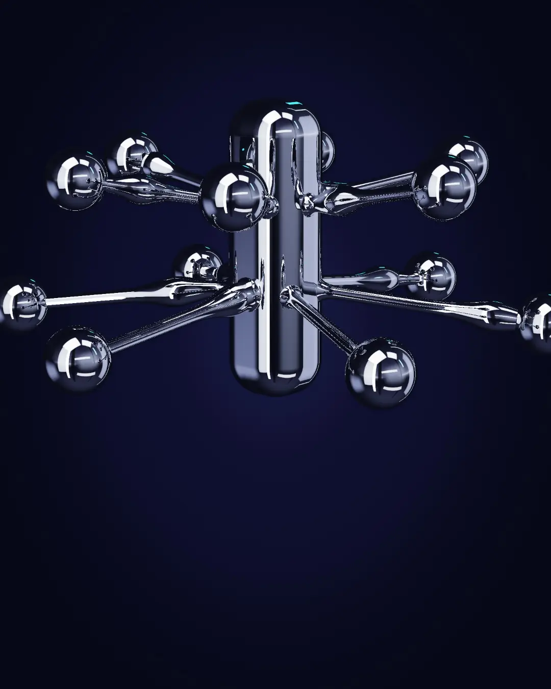 Chrome nodes linked to a central pillar — a wide view