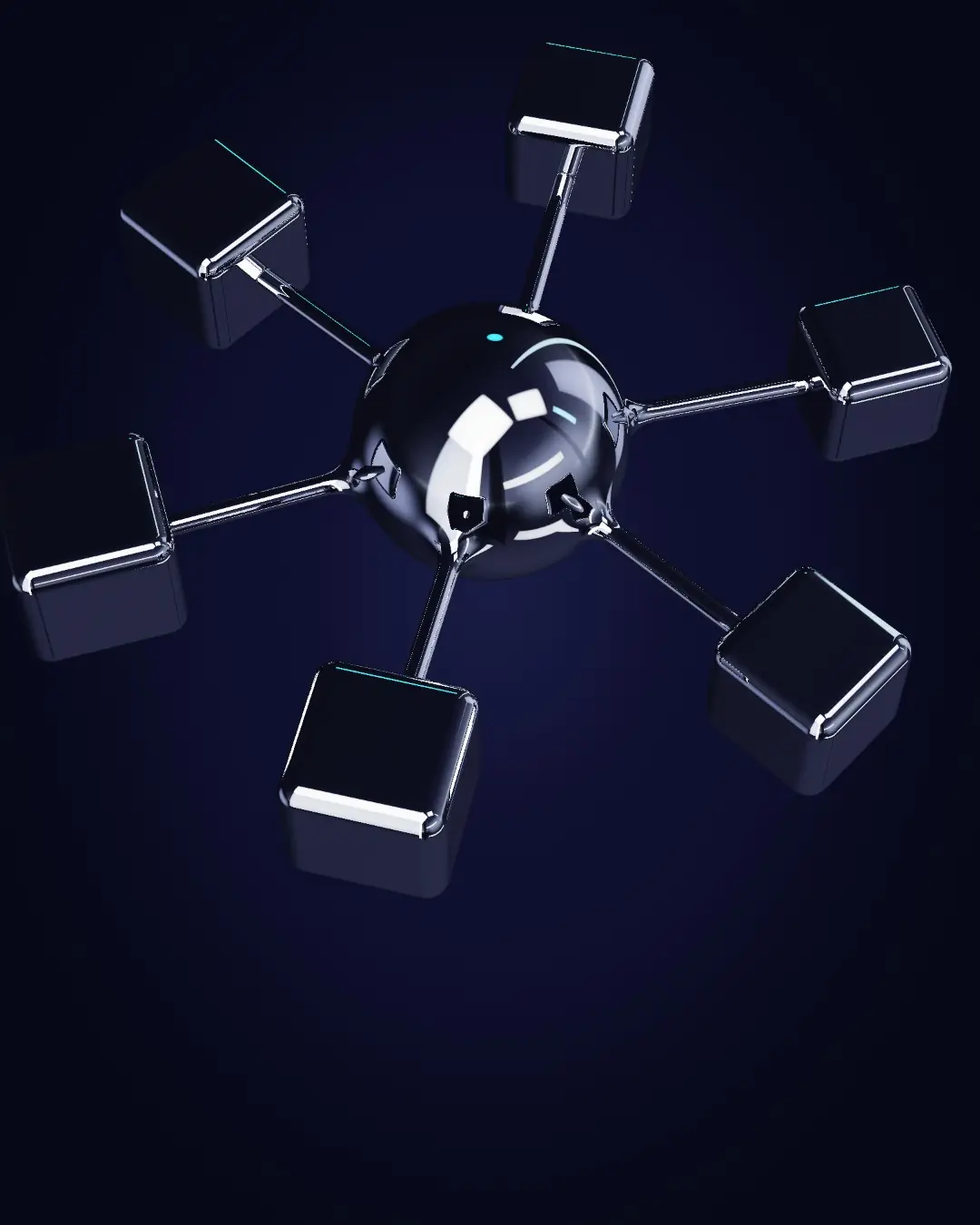 Six chrome cells around one shared core — seen from above