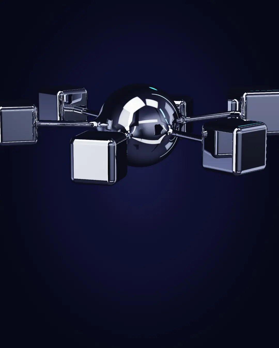 Six chrome cells around one shared core — a wide view