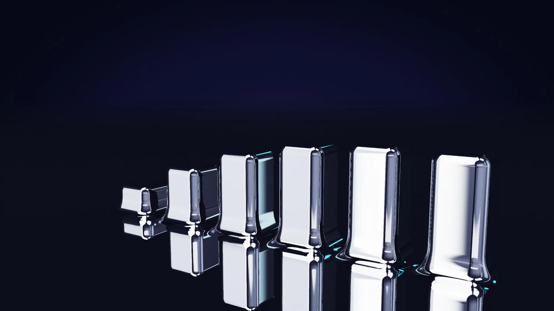 Chrome columns rising from a mercury surface — from a low angle