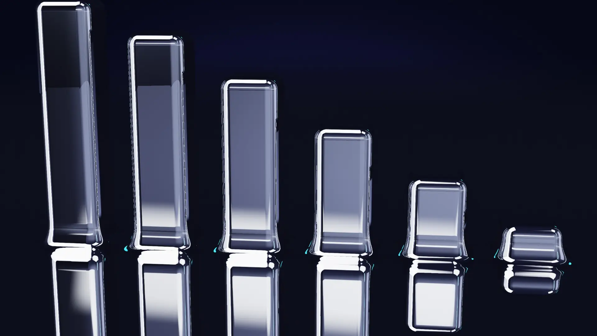 Chrome columns rising from a mercury surface — from behind, edge-lit