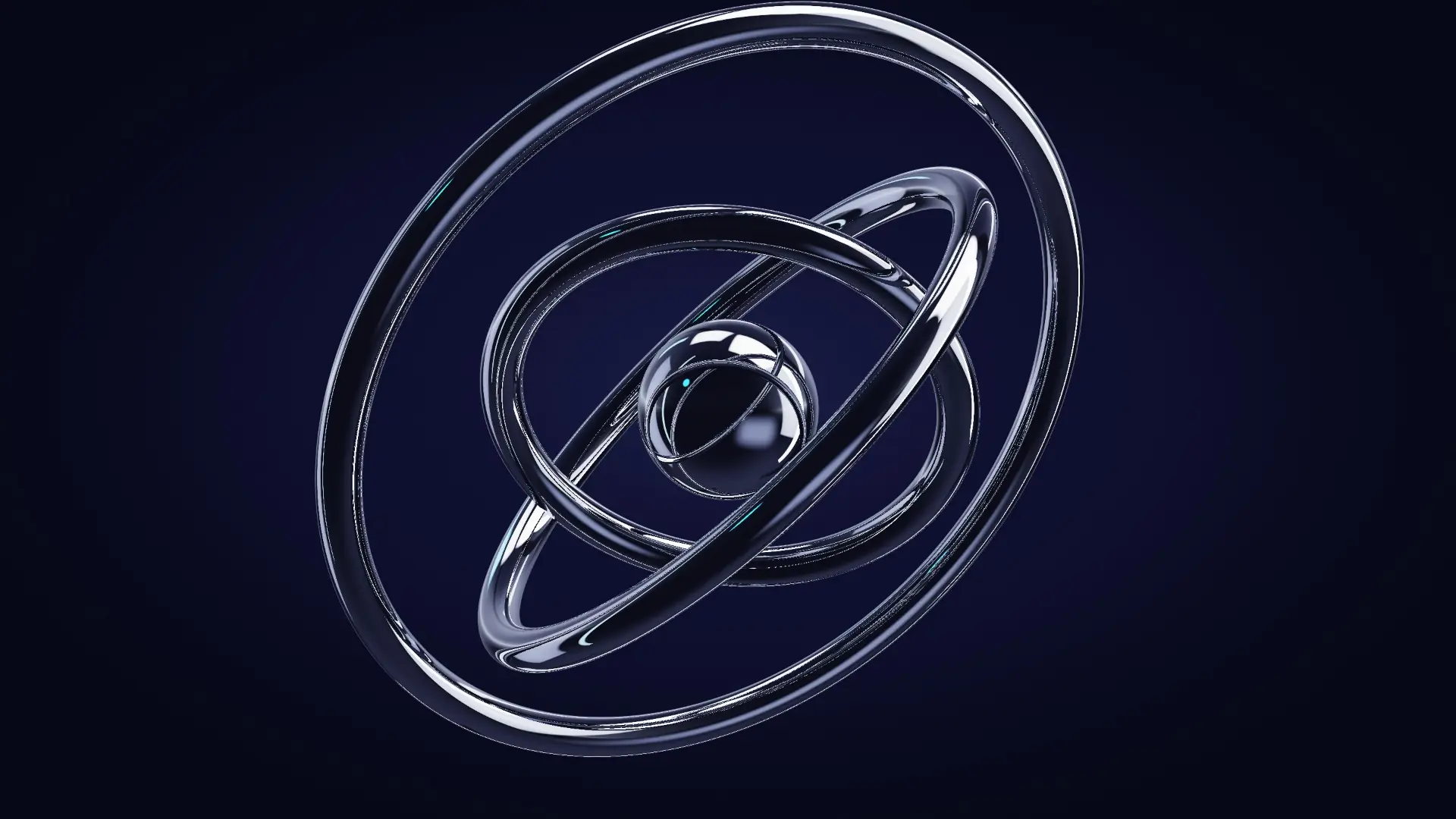 Three chrome rings aligning around a core — from behind, edge-lit