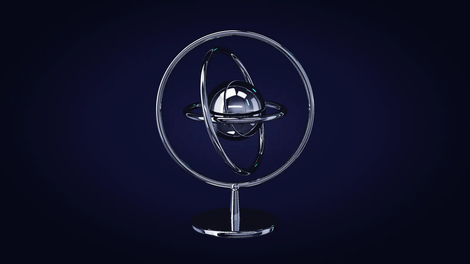 A chrome sphere held inside three gimbal rings on a stand