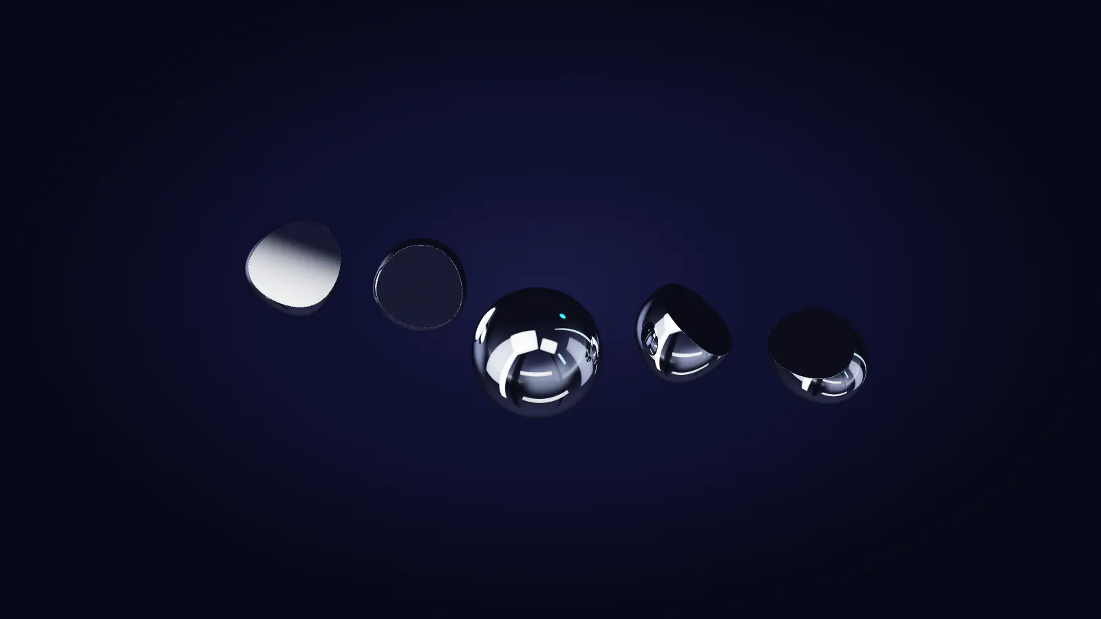 The row of forms from above, the polished sphere standing out