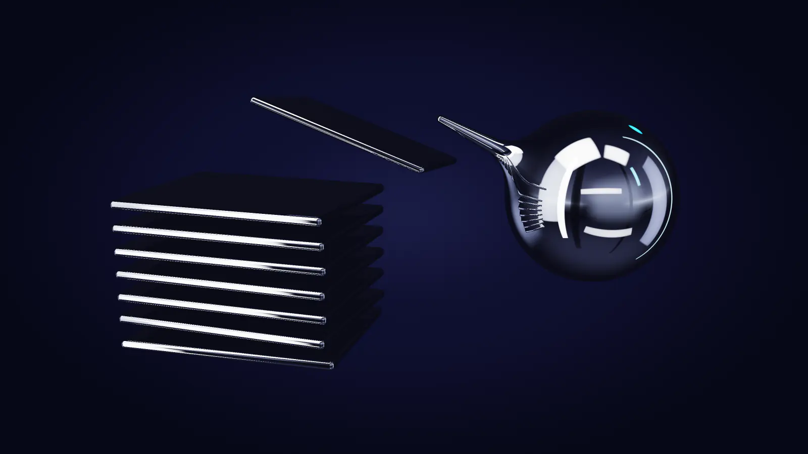 A stack of chrome leaves and a sphere drawing a thread from it