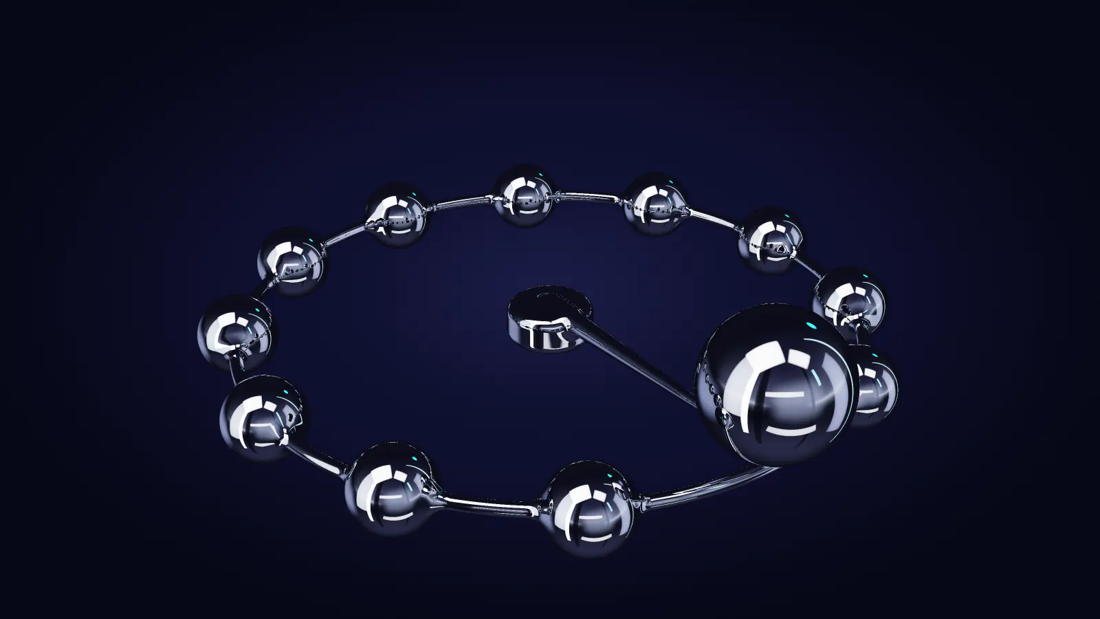 A ring of chrome beads like the hours on a dial, one lifted out of the ring