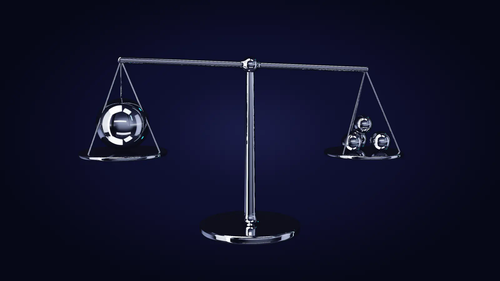 A chrome balance coming to rest, one sphere weighed against several small ones