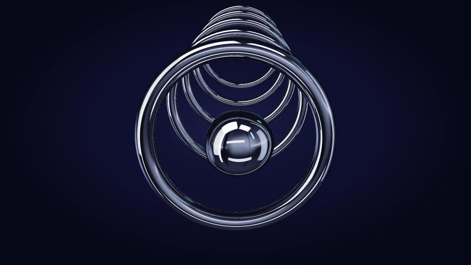 A rough drop of mercury entering the first of five chrome rings