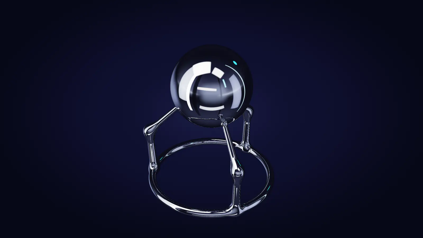 The chrome arms cradling the sphere, from the side